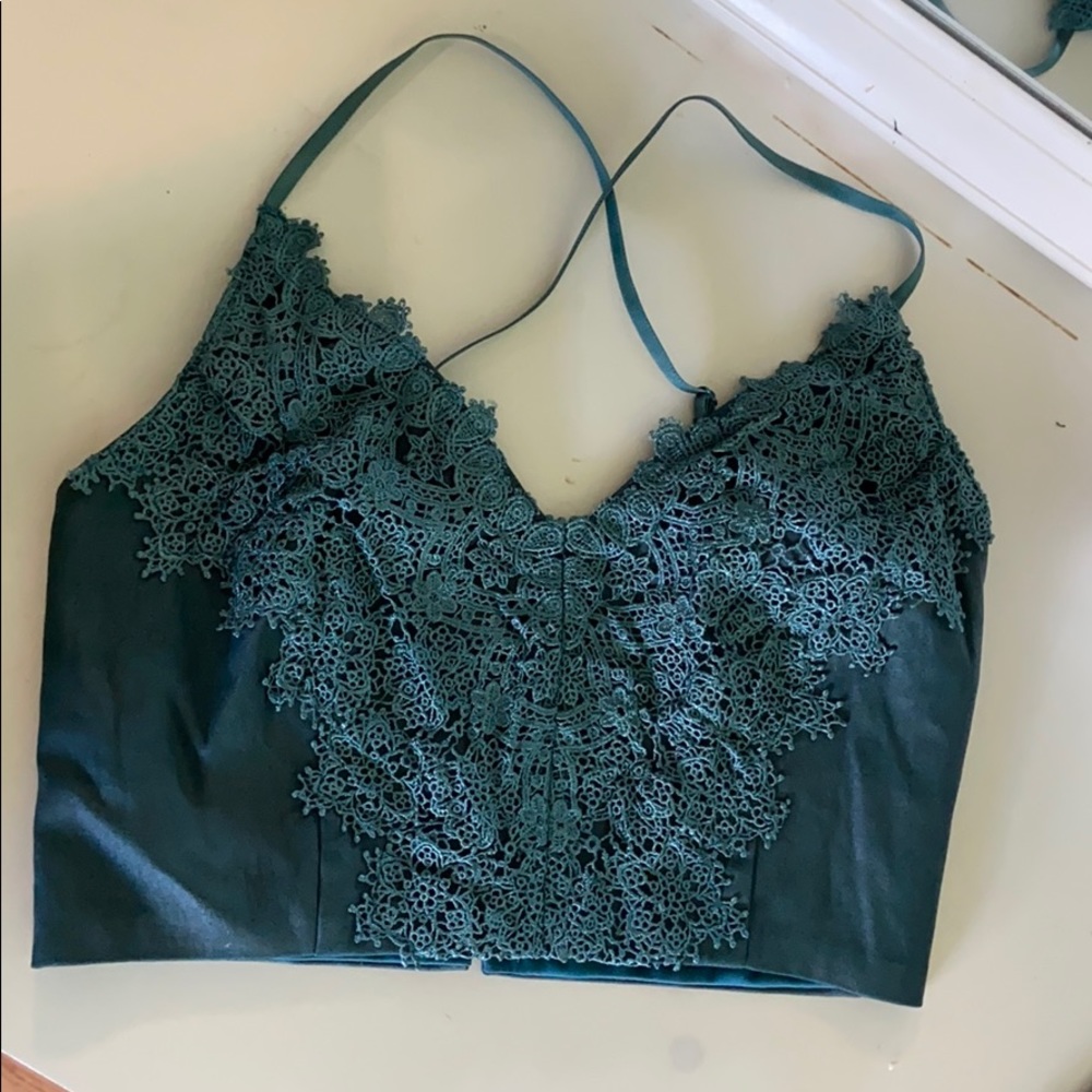 Cross open back turquoise lace tank top